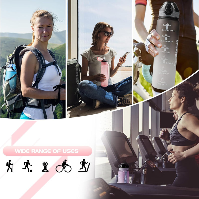 Load image into Gallery viewer, Een collage toont mensen die de 💧 BPA-vrije sportwaterfles van 1 liter – geïnspireerd, lekvrij en klaar voor elke dag 🏋️‍♀️ gebruiken tijdens het wandelen, fietsen, ontspannen en op loopbanden, wat de veelzijdigheid ervan voor alle activiteiten aantoont.
