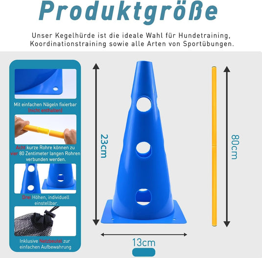 Agility hindernisset met 8 kegels en 8 verstelbare stangen – hondentraining – behendigheidsset