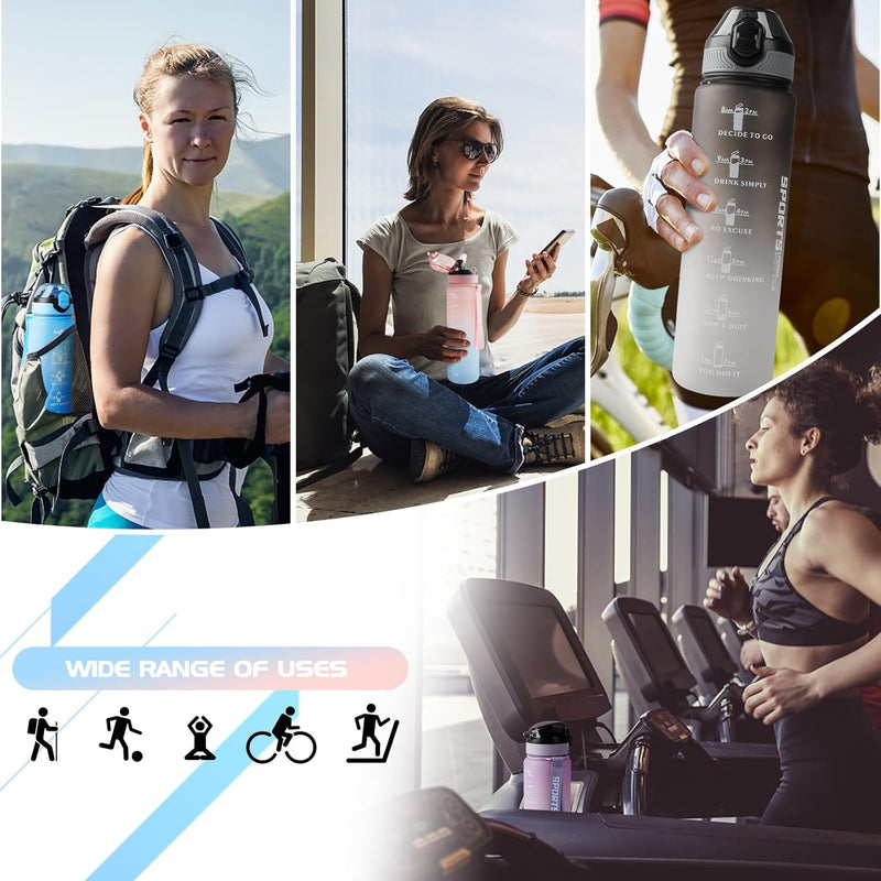 Load image into Gallery viewer, Collage met mensen die de 💧 BPA-vrije sportwaterfles van 1 liter – geïnspireerd, lekvrij en klaar voor elke dag 🏋️‍♀️ gebruiken tijdens het wandelen, in de sportschool en buiten. Close-up toont tijdmarkeringen en sporticonen.
