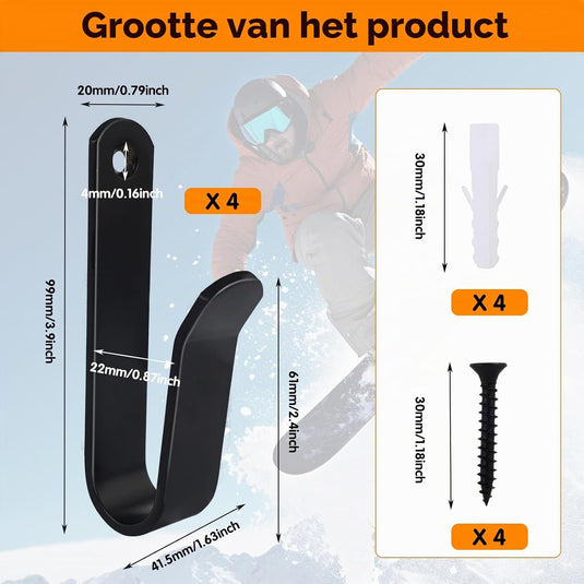 Board wandhouders 4 stuks van metaal zwart – horizontale skateboard snowboard longboard houders