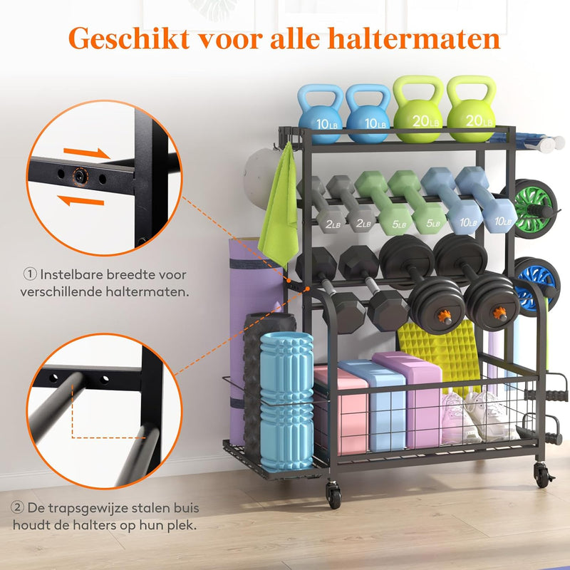 Laden Sie das Bild in Galerie -Viewer, Home gym opbergrek met wielen voor dumbbells en fitnessaccessoires
