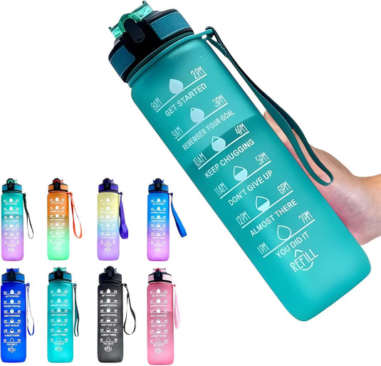 Waterfles met rietje en tijdmarkering 1 liter