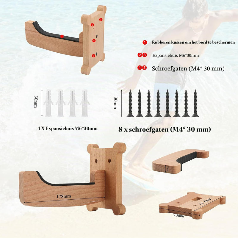Laden Sie das Bild in Galerie -Viewer, Surfboard wandhouder van beukenhout met 17,8 cm steunarmen – verticale boardhouder – surf accessoires
