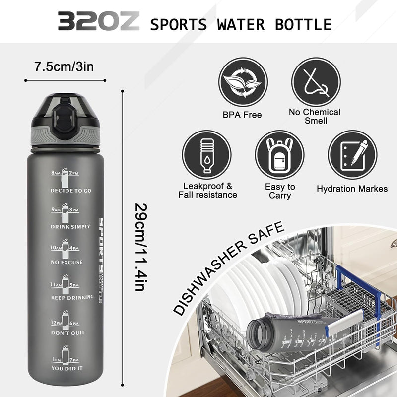Load image into Gallery viewer, De 💧 BPA-vrije sportwaterfles van 1 liter – verleidelijkd, lekvrij en eenvoudig mee te nemen – met maatstrepen en tijdmarkeringen, wordt getoond in de vaatwasser; iconen tonen het lekvrije ontwerp en het gemakkelijk dragen.
