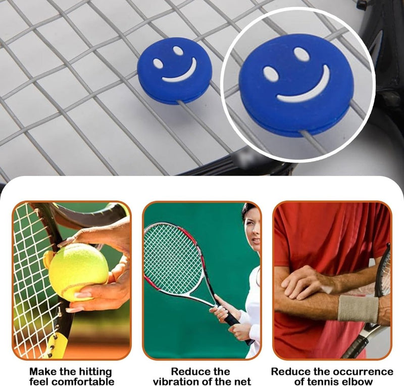 Laad afbeelding in Galerijviewer, Blauwe siliconen tennisdempers met smileygezicht op racketsnaren verbeteren het comfort, verminderen trillingen en verminderen het optreden van tennisellebogen dankzij uitzonderlijke schokabsorptie. Product: Verbeter jouw spel met onze grappige tennisdempers!.
