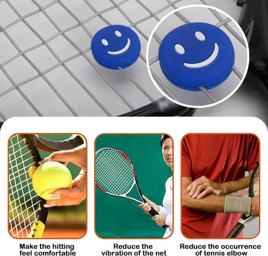 Blauwe siliconen tennisdempers met smileygezicht op racketsnaren verbeteren het comfort, verminderen trillingen en verminderen het optreden van tennisellebogen dankzij uitzonderlijke schokabsorptie. Product: Verbeter jouw spel met onze grappige tennisdempers!.