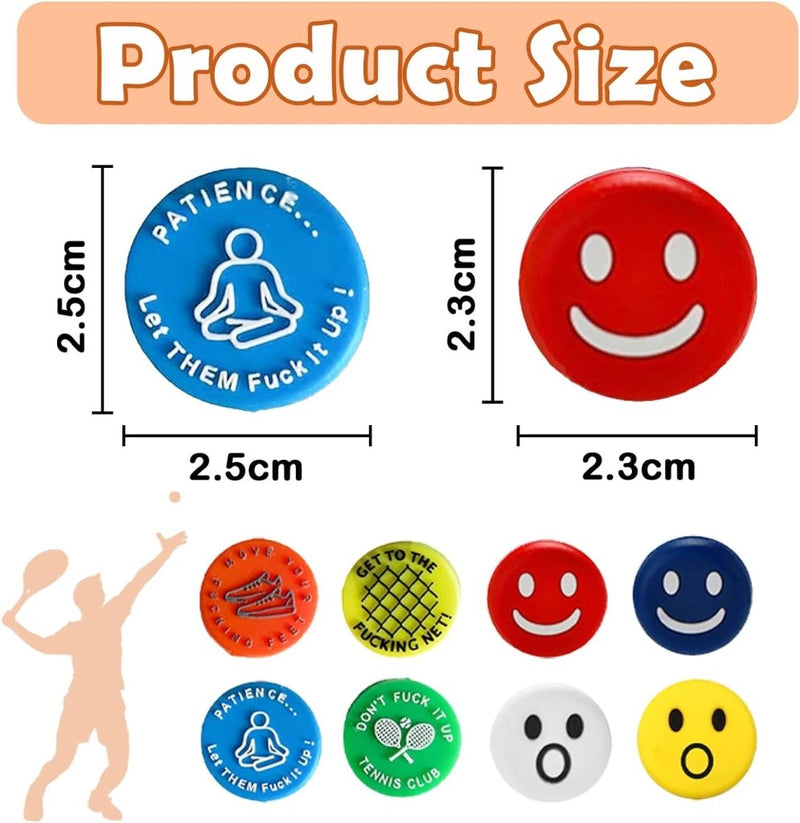 Laad afbeelding in Galerijviewer, Afbeelding met kleurrijke ronde pinnen met diverse ontwerpen, zoals een mediterende figuur, smileygezichten en tennisafbeeldingen. Elke duurzame pin is voorzien van siliconendetails en meet 2,5 cm of 2,3 cm in doorsnee. Product: Verbeter jouw spel met onze grappige tennisdempers!.
