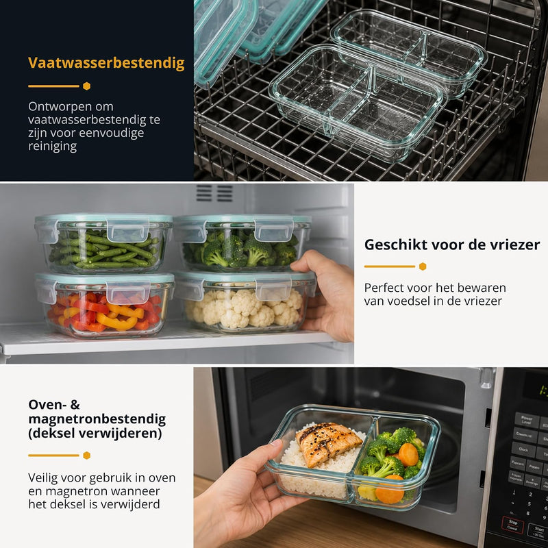 Laad afbeelding in Galerijviewer, Glazen meal prep bakjes set van 5 met 2 vakken

