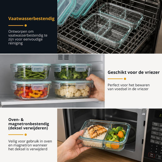 Glazen meal prep bakjes set van 5 met 2 vakken