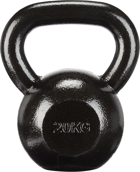 De 💪 Bouw kracht en uithoudingsvermogen kettlebell—20kg, zwart, gemaakt van gietijzer—heeft een gladde, ronde handgreep voor optimale krachttraining thuis en heeft een duidelijk zichtbare gewichtsmarkering aan de voorkant.