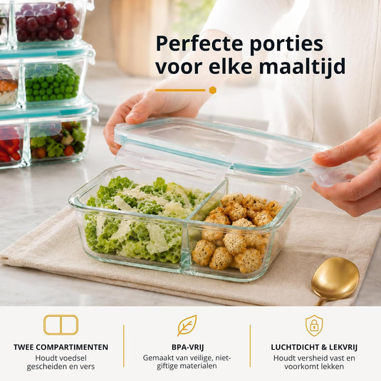 Glazen meal prep bakjes set van 5 met 2 vakken