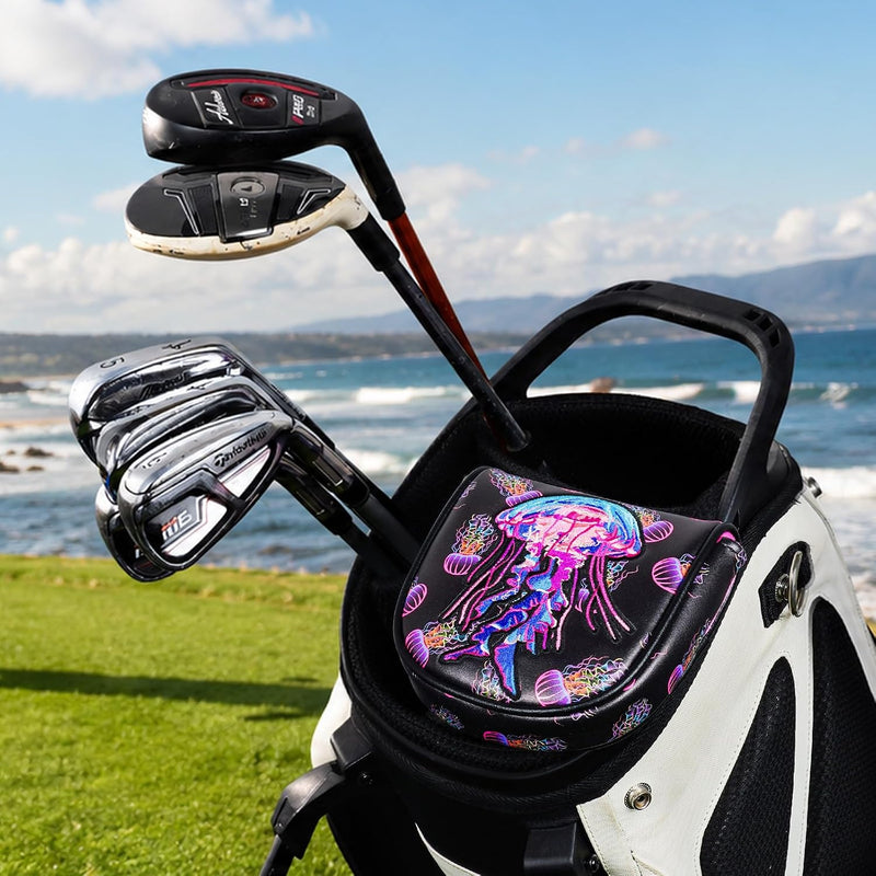Load image into Gallery viewer, Golf club headcover with colorful jellyfish embroidery for driver, fairway wood, and hybrid – golf headcover – club protector
