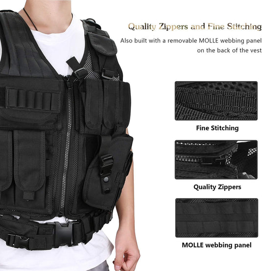 ProCase Tactical Vest Molle Vest for Man Women Youth, Breathable Tactical Vest with Numerous Pouches - Combat Training Vest –Black, 600D Polyester
