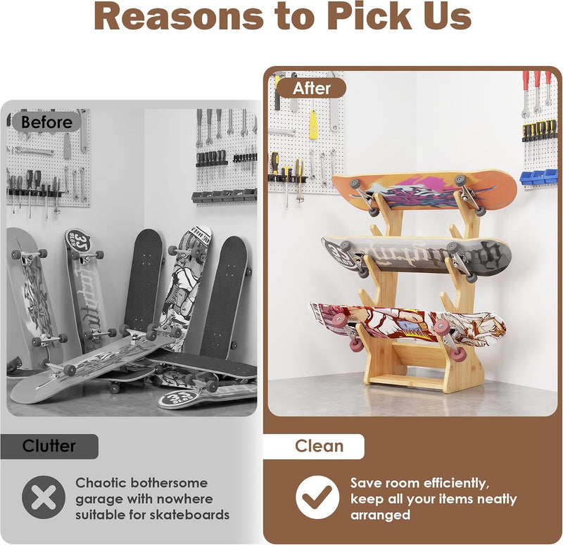 Carica immagine in Galleria Viewer, Skateboard vloerrek van hout met 5 vakken – vrijstaande boardhouder – skateboard opbergrek
