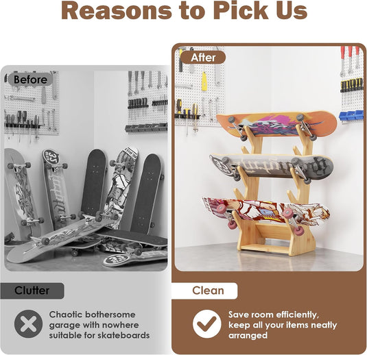 Skateboard vloerrek van hout met 5 vakken – vrijstaande boardhouder – skateboard opbergrek