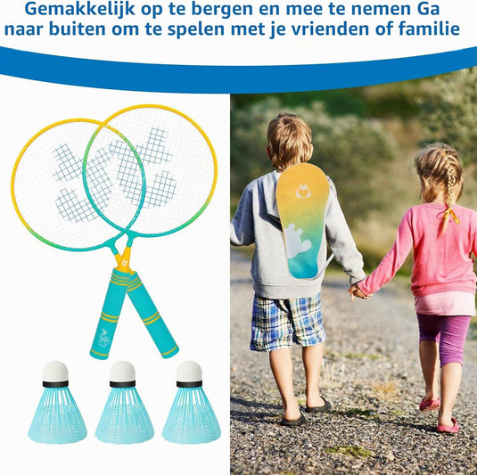 Badmintonset für Kinder mit 2 Schlägern à 44 cm, inklusive 3 Federbällen und Tragetasche – Junior-Badminton – Outdoor-Sport