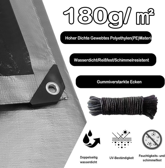 Waterdicht afdekzeil 4 x 5 meter 180 g/m² met ogen groen-zilver – PE dekzeil – beschermzeil
