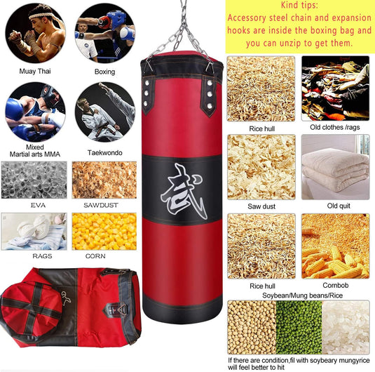 Bouw kracht en focus op met deze stevige hangende bokszakset voor thuis, geschikt voor vechtsporten. Kies vulling zoals rijstkaf, zaagsel, maïs, lappen of sojabonen. Inclusief iconen – ideaal voor je vechtsport thuistraining.