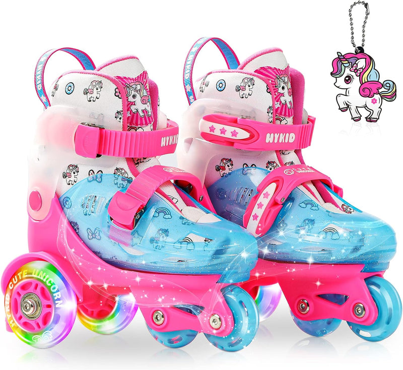 Load image into Gallery viewer, Rolschaatsen voor peuters (3-9 jaar), verstelbaar, leuke verlichting, veiligheid, 3-puntsbalans, beginnersrolschaatsen (eenhoorn, roze, 25-28)
