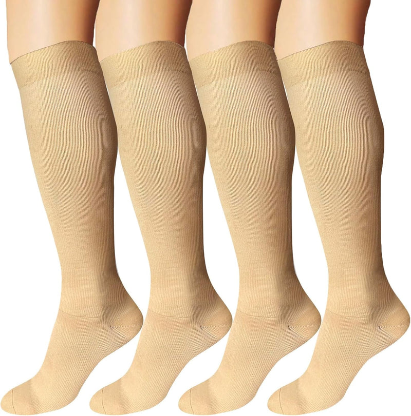 Load image into Gallery viewer, Maximale ondersteuning en comfort – Ontdek de kracht van compressiekousen! 🏃‍♂️🦵 Vier paar beige kousen tonen ondersteuning voor bloedcirculatie en helpen spiervermoeidheid te verminderen, overvloedig op mannequinbenen tegen een witte achtergrond.
