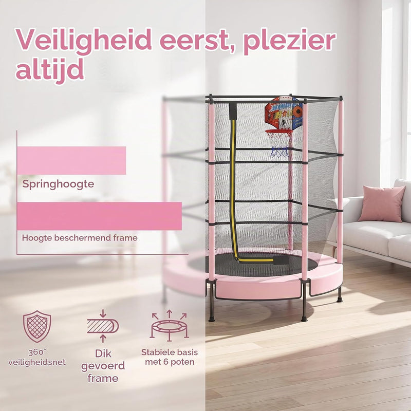 Laad afbeelding in Galerijviewer, Kindertrampoline 145 cm met veiligheidsnet en verstelbare basketbalmand – trampoline – indoor outdoor
