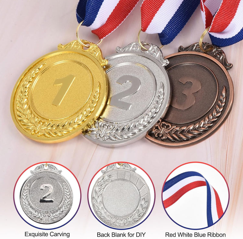 Load image into Gallery viewer, Zilveren medailles 3 stuks 5 cm voor 2e plaats met neklint – sportmedailles – prijzen en trofeeën
