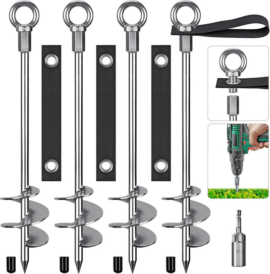 Grondankers 6 stuks 45 cm heavy duty met spanbanden en booradapter – trampoline ankers – stormankers