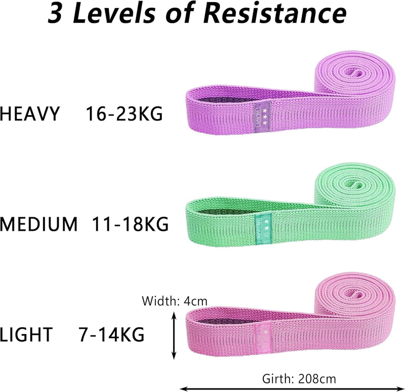 Load image into Gallery viewer, Lange fitnessbanden, stoffen fitnessbanden set van 3, weerstandsbanden met oefeninstructies en draagtas, antislip weerstandsbanden voor full-body workouts, yoga, pilates, krachttraining, fitness
