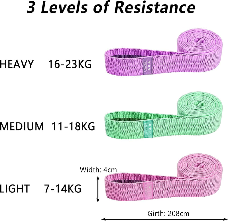 Load image into Gallery viewer, Lange fitnessbanden, stoffen fitnessbanden set van 3, weerstandsbanden met oefeninstructies en draagtas, antislip weerstandsbanden voor full-body workouts, yoga, pilates, krachttraining, fitness
