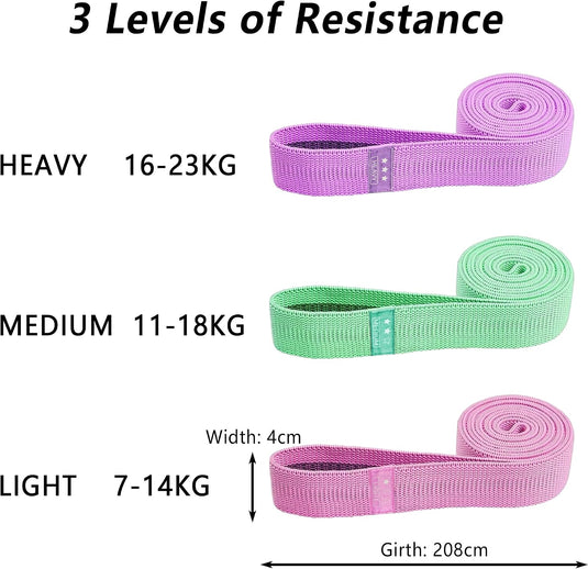 Lange fitnessbanden, stoffen fitnessbanden set van 3, weerstandsbanden met oefeninstructies en draagtas, antislip weerstandsbanden voor full-body workouts, yoga, pilates, krachttraining, fitness