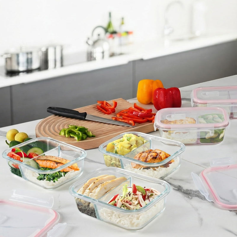 Laad afbeelding in Galerijviewer, Glazen meal prep bakjes set van 5 met 2 vakken
