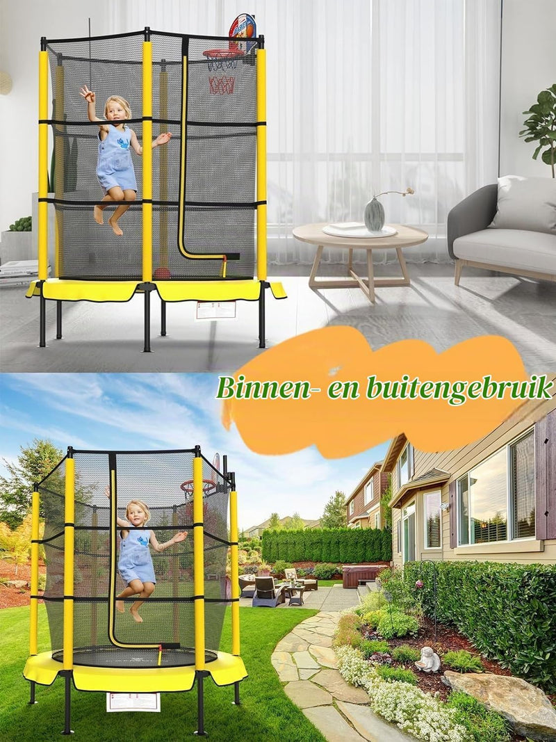 Laad afbeelding in Galerijviewer, Kindertrampoline 145 cm met veiligheidsnet en verstelbare basketbalmand – trampoline – indoor outdoor

