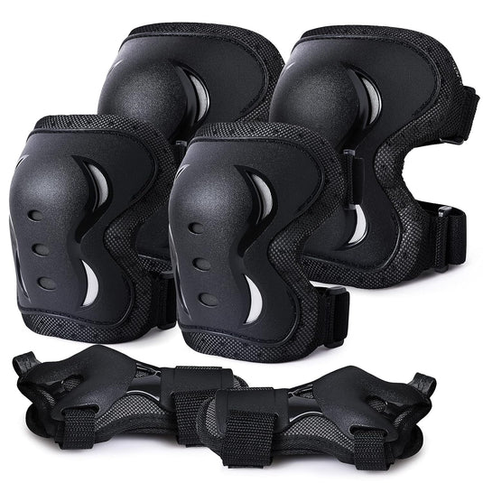 Kniebeschermersset voor kinderen en volwassenen - Inline skates Kniebeschermers Bescherming Inline skates Dames 6-in-1 Kniebeschermers Elleboogbeschermers Polsbeschermers (Zwart, Large)