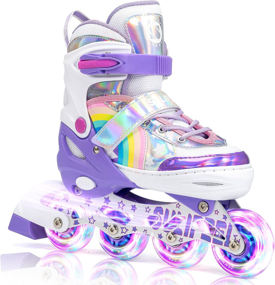 SULIFEEL Rainbow Unicorn Verstelbare zwarte rolschaatsen voor kinderen, met lichtgevende wielen, voor jongens