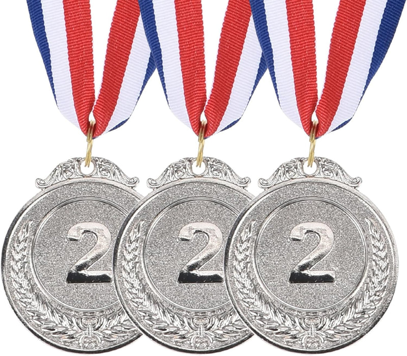 Load image into Gallery viewer, Zilveren medailles 3 stuks 5 cm voor 2e plaats met neklint – sportmedailles – prijzen en trofeeën
