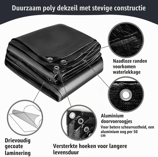 Waterdicht afdekzeil 2 x 4 meter 260 g/m² met ogen zwart – PE dekzeil – beschermzeil