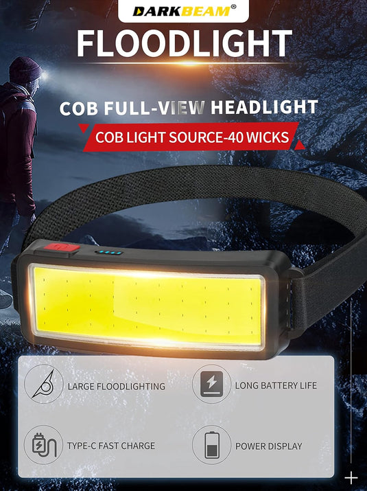 DARKBEAM Led-hoofdlamp, USB-zaklamp, oplaadbaar, COB-projector, licht, waterdicht, onderhoud en constructie van de auto, werklicht voor helm, fietsen, vissen in de open lucht, 2 verpakkingen