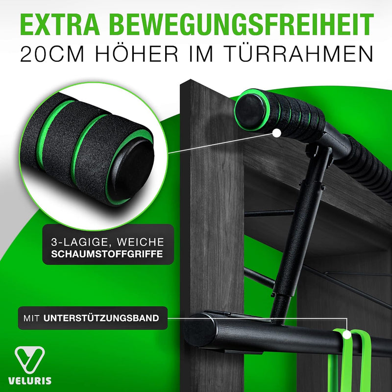 Laad afbeelding in Galerijviewer, Veluris Optrekstang voor deurkozijnen - Zware optrekstang [tot 200 kg] - Deurstang zonder montage - 20 cm hoger in het kozijn - Ook voor dips en push-ups (rond)
