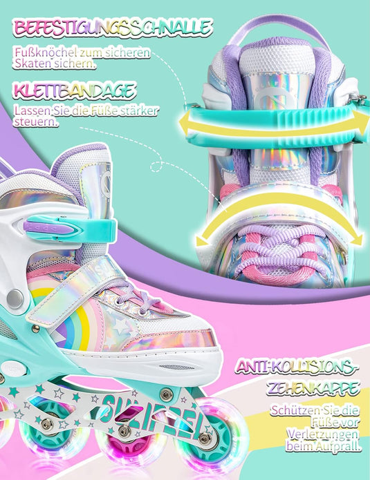 SULIFEEL Rainbow Unicorn Verstelbare zwarte rolschaatsen voor kinderen, met lichtgevende wielen, voor jongens