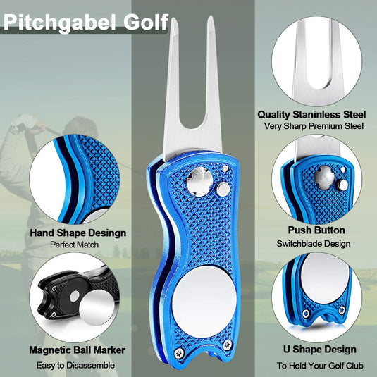 Opvouwbare golf pitchvorken met balmarker en karabijnhaak – 2 stuks