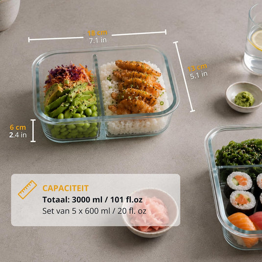 Glazen meal prep bakjes set van 5 met 2 vakken