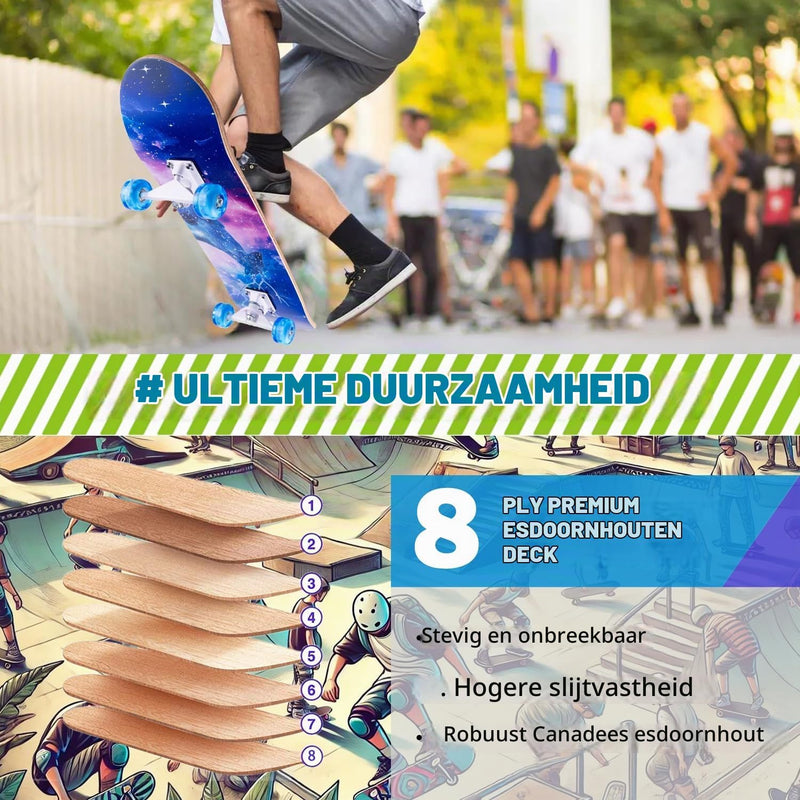 Laden Sie das Bild in Galerie -Viewer, Compleet skateboard 70 x 20 cm met 8-laags esdoorn deck en ABEC-11 lagers – double kick skateboard

