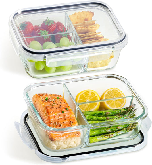Glazen meal prep bakjes set van 2 met 3 vakken