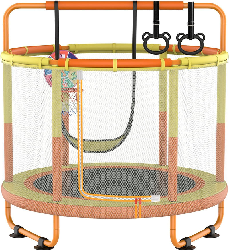 Laden Sie das Bild in Galerie -Viewer, Kindertrampoline met veiligheidsnet schommel en basketbalmand geeloranje – trampoline – indoor outdoor
