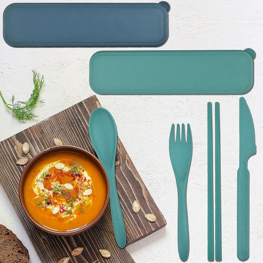Reisbestek set van 2 met etui blauw en groen
