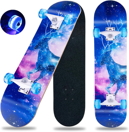 Compleet skateboard 70 x 20 cm met 8-laags esdoorn deck en ABEC-11 lagers – double kick skateboard