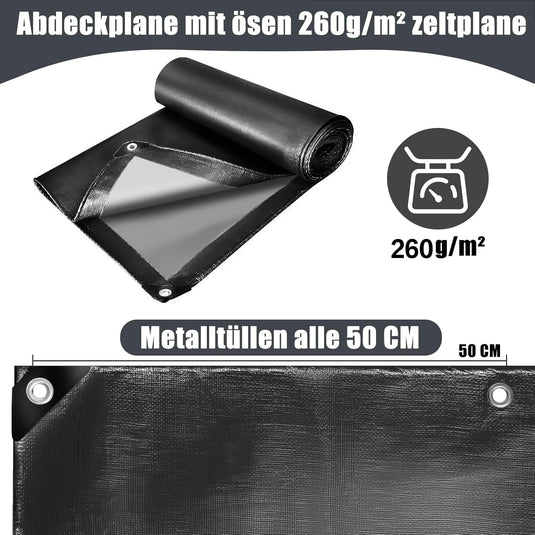 Waterdicht afdekzeil 2 x 4 meter 260 g/m² met ogen zwart – PE dekzeil – beschermzeil