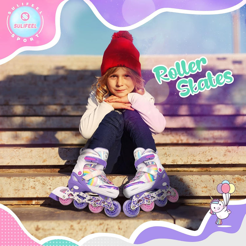 Load image into Gallery viewer, SULIFEEL Rainbow Unicorn Verstelbare zwarte rolschaatsen voor kinderen, met lichtgevende wielen, voor jongens
