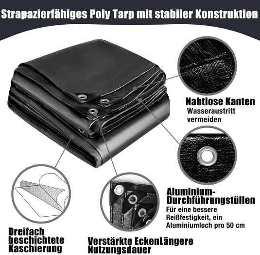 Waterdicht afdekzeil 2 x 4 meter 260 g/m² met ogen zwart – PE dekzeil – beschermzeil