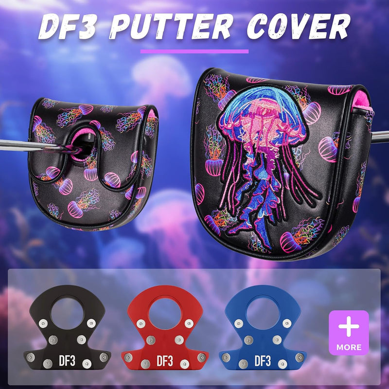 Load image into Gallery viewer, Golf club headcover with colorful jellyfish embroidery for driver, fairway wood, and hybrid – golf headcover – club protector
